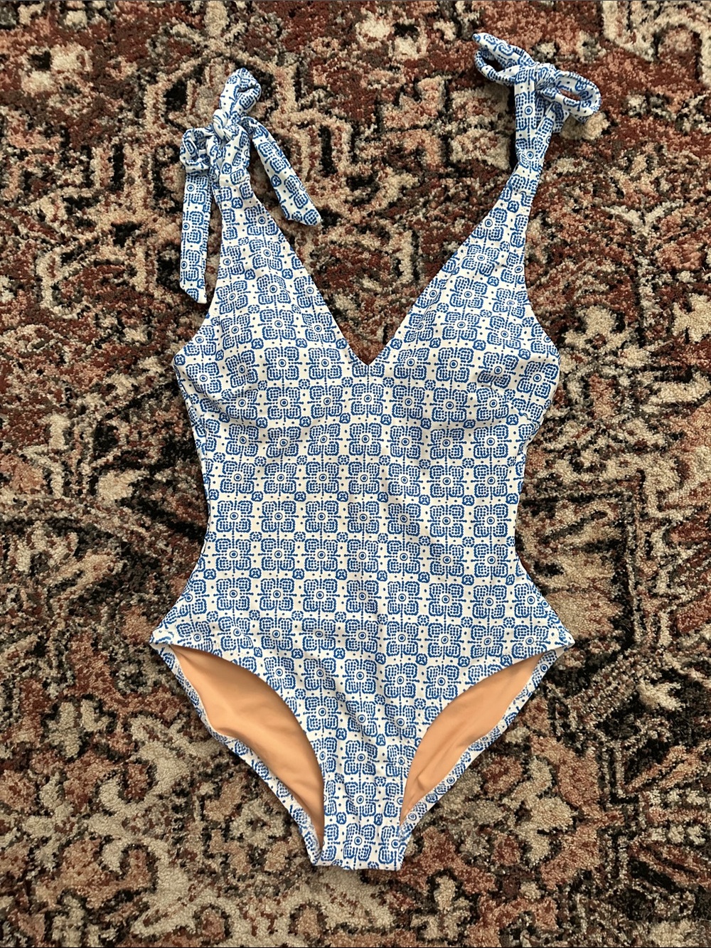 XS Blue Pattern One-Piece Swimsuit with Tie Straps